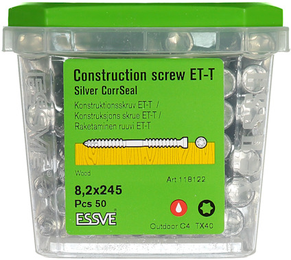 Plastförpackning med silverfärgade konstruktionsskruvar ET-T från ESSVE, 8,2x245 mm, 50 st.