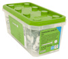 Plastlåda med vita konstruktionsskruvar, etikett med texten "Construction screw-W", storlek 6,0x50 White, 100 st.