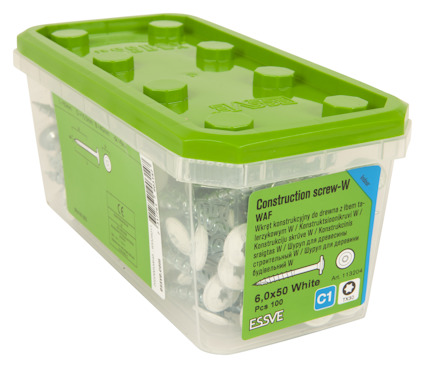 Plastlåda med vita konstruktionsskruvar, etikett med texten "Construction screw-W", storlek 6,0x50 White, 100 st.