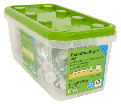 Transparent låda med grönt lock innehållande vita konstruktionsskruvar, etikett med text: "ESSVE, 6,0x50 White, PCS 100".