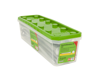 Transparent plastlåda med grönt lock, innehåller ESSVE konstruktionsskruv VAF. Etikett med produktinformation synlig.