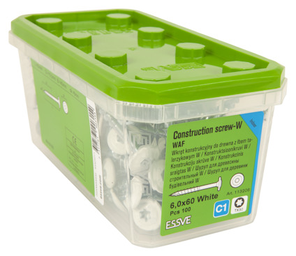 Plastlåda med grön och transparent lock innehållande vita byggskruvar, etikett med produktinformation.