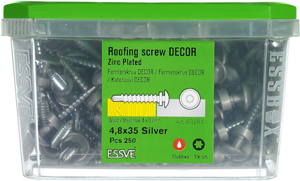 Plastlåda med 250 takskruvar, silverfärgade, 4,8x35 mm, zinc-pläterade, märkt "ESSVE", för utomhusbruk.