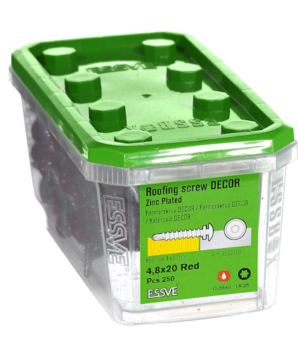 Plastförpackning med grönt lock innehållande ESSVE takskruvar, förzinkade, 4,8x20 mm, 250 stycken.