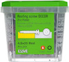 Transparent plastlåda med röda takskruvar, etikett text: "Roofing screw DECOR Zinc Plated, 4,8x20 Red, Pcs 250, ESSVE".