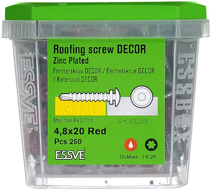 Transparent plastlåda med röda takskruvar, etikett text: "Roofing screw DECOR Zinc Plated, 4,8x20 Red, Pcs 250, ESSVE".