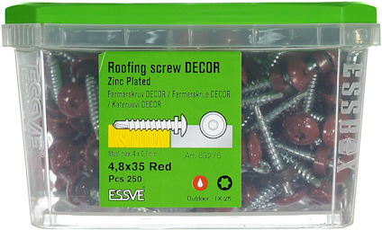 Fyrkantig låda med röda takskruvar, etikett med texten "Roofing screw DECOR Zinc Plated 4,8x35 Red Pcs 250".