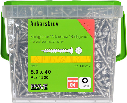 Plastlåda med ankarskruvar, 5,0 x 40, 1200 st. Texter på olika språk på etiketten.