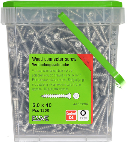 Plastlåda med 1200 träskruvar, storlek 5,0 x 40 mm, från varumärket ESSVE.