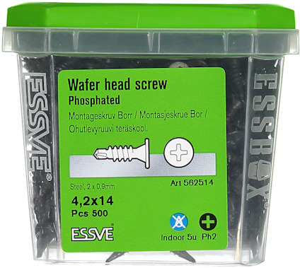 Förpackning med wafer head skruv, ESSVE, fosfaterad, 4,2x14 mm, 500 st. Etiketten har en bild av skruven.