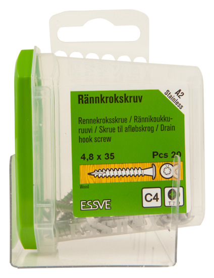 Essve förpackning innehållandes rännkroksskruv, 4.8 x 35 mm, A2, 20 st.