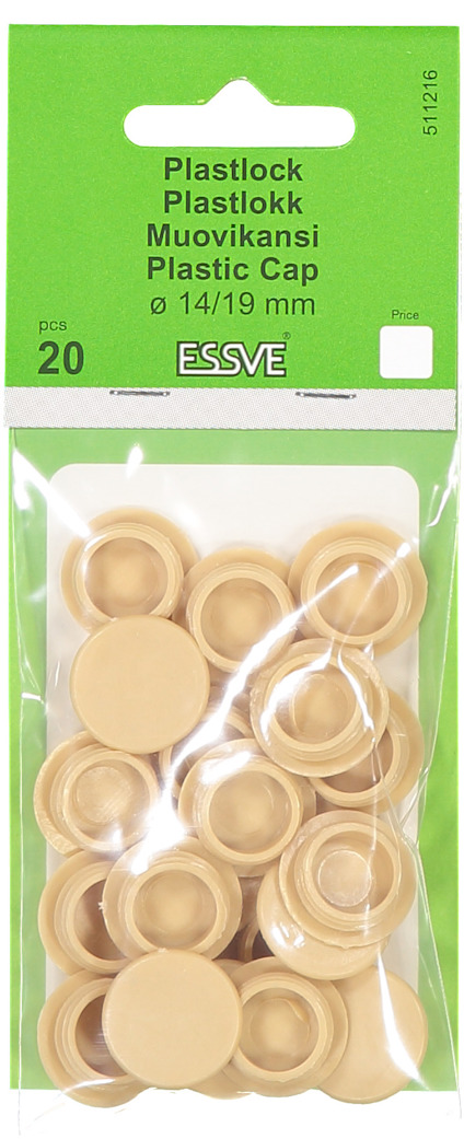 Förpackning med 20 stycken beige plastlock, märkt ESSVE, storlek ø 14/19 mm.