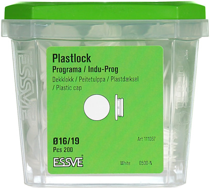 Plastförpackning med Essve plastlock. Text: Plastlock Ø16/19, 200 st, Art 111067, White 0500-N.