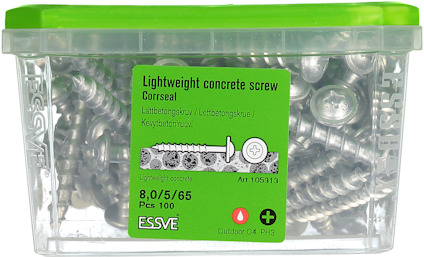 Plastlåda med lätta betongskruvar, märkt "Corrseal", 8,0/5/65, 100 stycken.