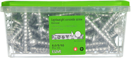 Transparent plastlåda med metallskruvar, grön lock, etikett med text "Lightweight concrete screw", 100 st, 8,0/5/65.
