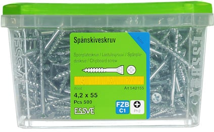 Förpackning med 500 stycken spånskiveskruvar 4,2 x 55 mm från ESSVE.