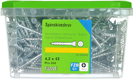 Plastlåda med 250 spånskiveskruvar, 4,2 x 42 mm, grönt lock, märkta för trä.