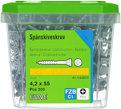 Plastlåda med 200 spånskiveskruvar, 4,2 x 55 mm, märkt ESSVE. Grön lock och etikett med produktinformation.