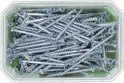 En låda med många silverfärgade skruvar med stjärnformade skruvhuvuden.