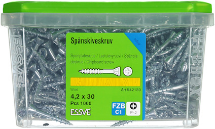 Plastlåda med 1000 spånskiveskruvar, 4,2 x 30 mm, Essve varumärke med etikett och produktinformation.
