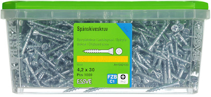 Plastlåda med 1000 spånskiveskruvar, grönt lock, etikett med text på svenska, dimension 4,2 x 30 mm, märkt ESSVE.