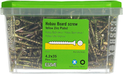 Förpackning med 1000 Hobau Board skruvar, 4,2x35 mm, gulzinkpläterade.