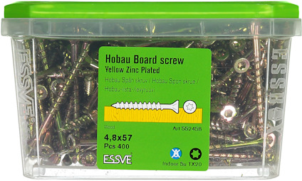 Förpackning med Hobau Board-skruvar, guldförzinkade, 4,8x57 mm, 400 st, mintgrönt lock, varumärke Essve.