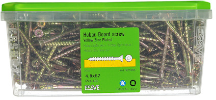 Plastburk med 400 gulkromaterade Hobau Board-skruvar, 4.8x57 mm, med grön etikett och lock.