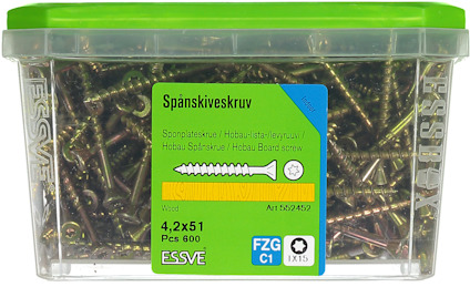 Transparent burk med skruvar, etikett med texten "Spånskiveskruv 4,2x51" och innehåll 600 st.