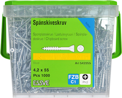 Plastlåda med spånskiveskruv, 4,2 x 55 mm, 1000 st. Märkt "ESSVE" och "FZB C1".