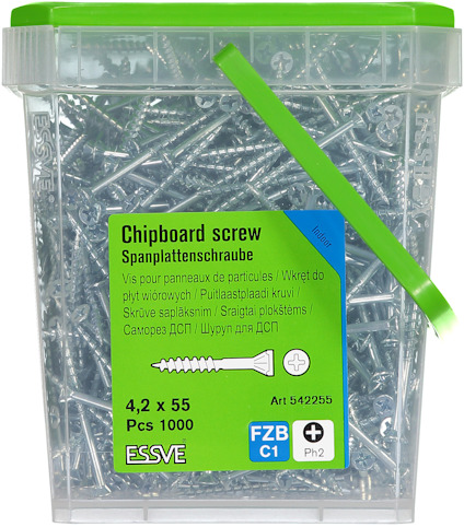 Genomskinlig plastlåda med spånskiveskruvar, 4.2 x 55 mm, 1000 st, Essve, art 542255.