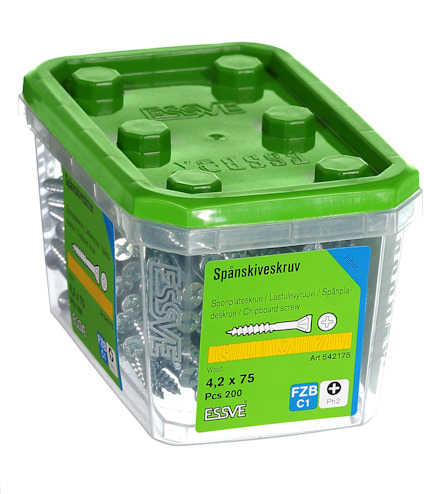 Plastförpackning med skruvar, grön lock, etikett med texten "Spånskiveskruv 4,2 x 75, 200 st" och märket ESSVE.