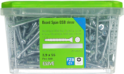 Behållare med 500 skruvar, etikett: "Board Spån OSB skruv, 3,9 x 55, Art 556155".
