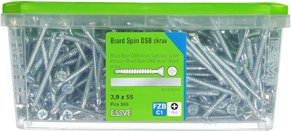 Grön plastlåda med genomskinligt lock, innehållande OSB-skruvar. Märkt "Board Spån OSB skruv 3,9 x 55".