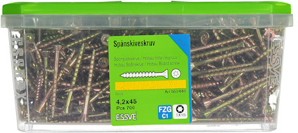 Plastlåda med spånskiveskruv, 700 st, storlek 4,2x45, FZG C1, essve, med grön lock.