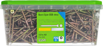 Transparent plastlåda med grönt lock innehållande 900 st 3,9x42 mm skruvar av märket ESSVE.