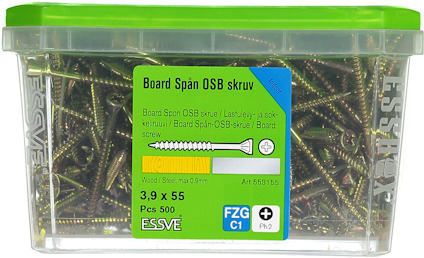 Plastlåda med 500 ESSVE Board Spån OSB skruv, 3,9x55 mm, märkning FZG C1 och Ph2.