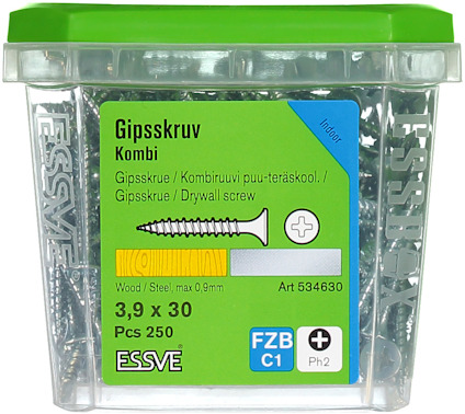 Essve-behållare med gipsskruv, storlek 3,9 x 30 mm, innehåll 250 st, med grön topp.