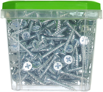 Behållare med silverfärgade skruvar och grönt lock.