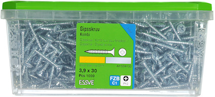Plastlåda med 1000 gipsskruvar från Essve, storlek 3,9 x 30 mm, artikelnummer 534130. Grön etikett på locket.