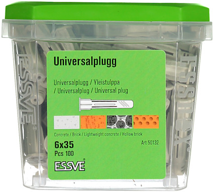 Förpackning med 100 stycken 6x35 mm universalpluggar, märkt "ESSVE Universalplugg".