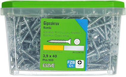 Förpackning med 900 gipsskruvar, 3,9 x 40 mm, märkta ESSVE, FZB C1, med grön lock.