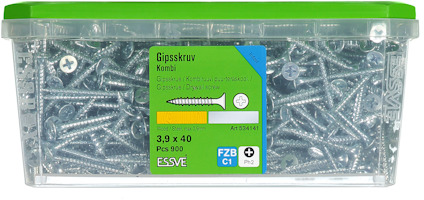 Transparent låda med 900 gipsskruv, etikett med märkning för Essve, 3,9 x 40 mm.