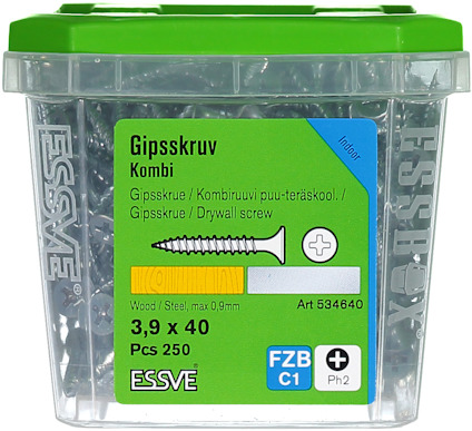 Plastförpackning med gipsskruv, grön etikett, text "Gipsskruv Kombi 3,9 x 40, Pcs 250, Essve".