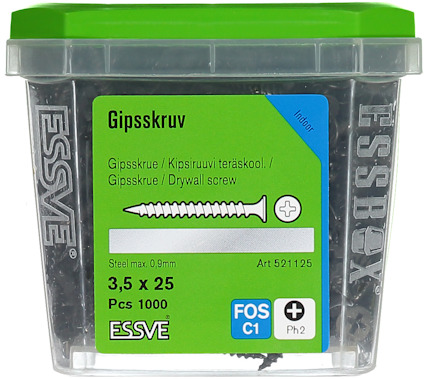Plastlåda med 1000 gipsskruvar, 3,5 x 25 mm, stål max 0,9 mm. Märkt "ESSVE" och "Art 521125".