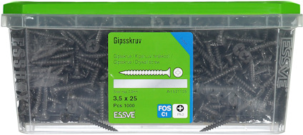 Plastlåda med 1000 gipsskruvar, 3,5 x 25 mm, märkt ESSVE.
