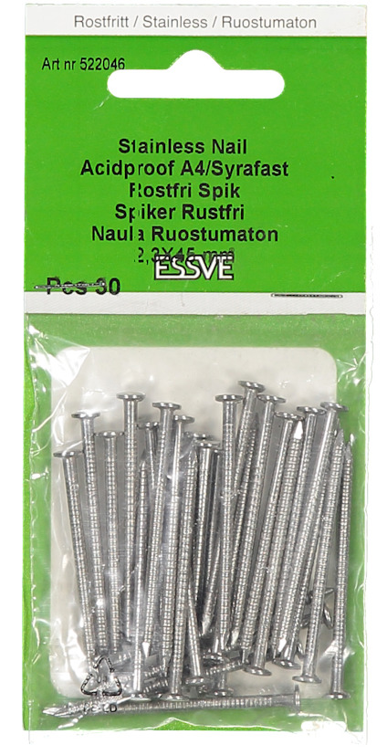 Förpackning med rostfria syrafasta spikar från ESSVE, 30 stycken. Art nr: 522046. Gröna och vita färger.