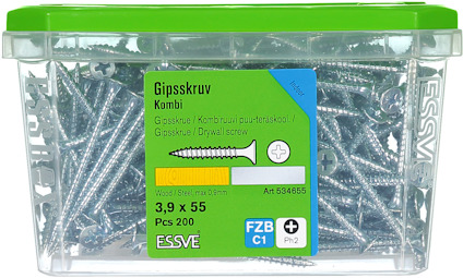 Plastask med gipsskruv, 3,9 x 55 mm, 200 st, Essve. Grön lock.