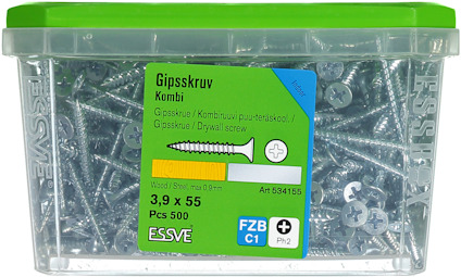 Förpackning med 500 gipsskruvar, 3,9 x 55 mm, stål, ESSVE, art nr 534165.