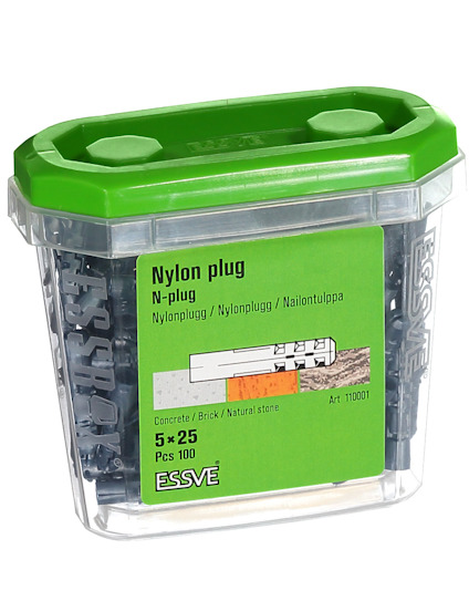Förpackning med nylonpluggar, grönt lock. Text: "Nylon plug, N-plugg, 5 x 25, Pcs 100".